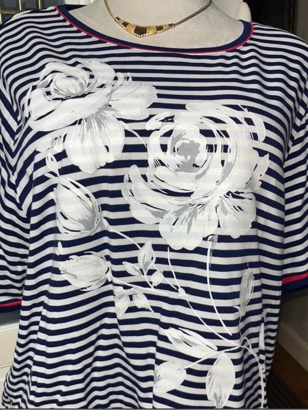 Cathy Daniels 2X Breton Stripe Floral Jersey Knit Nautical Coastal Top